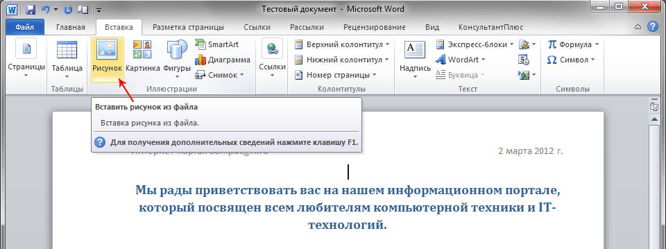 При необходимости вставить картинку в Word, лучше использовать для стандартные инструменты, с помощью которых можно также изменять и редактировать этот файл