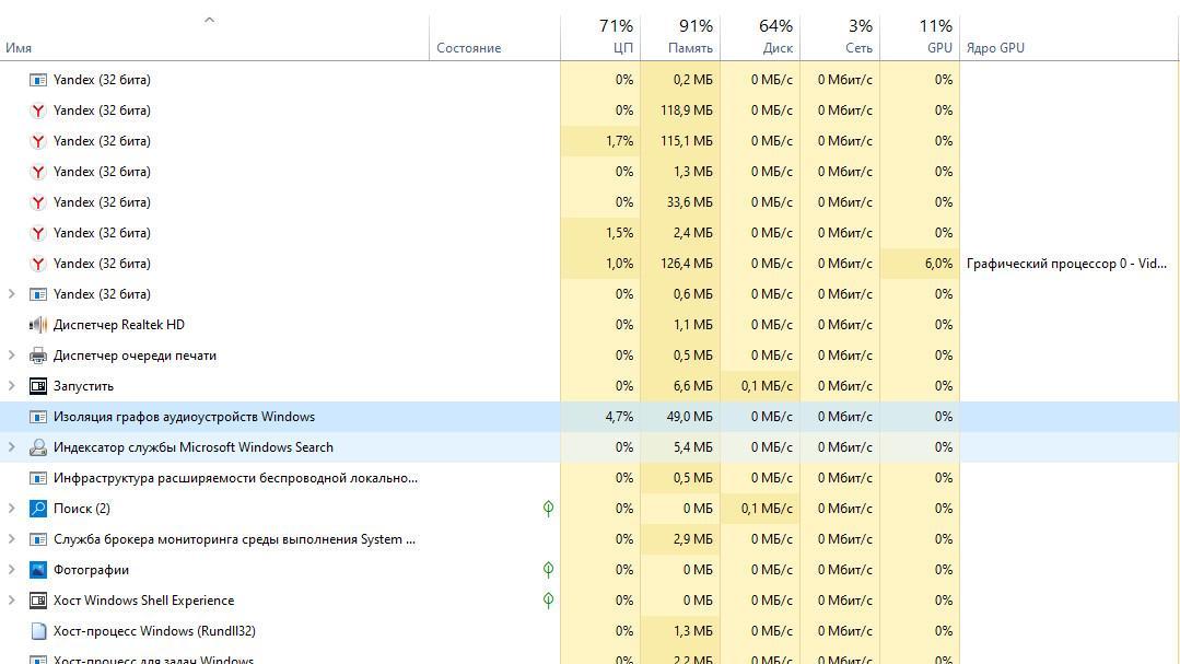 Процесс audiodg изоляции графов аудиоустройств стал грузить процессор на windows 10