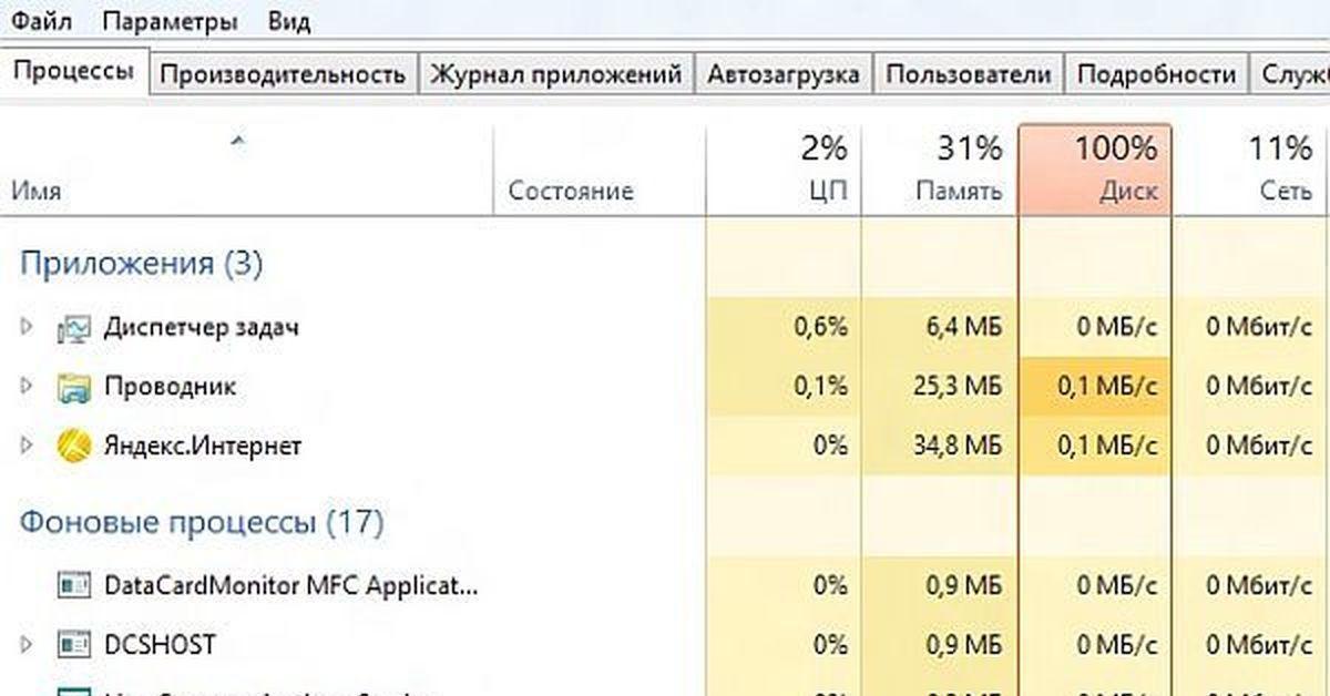 Диск загружен на 100% windows 10 в диспетчере задач
